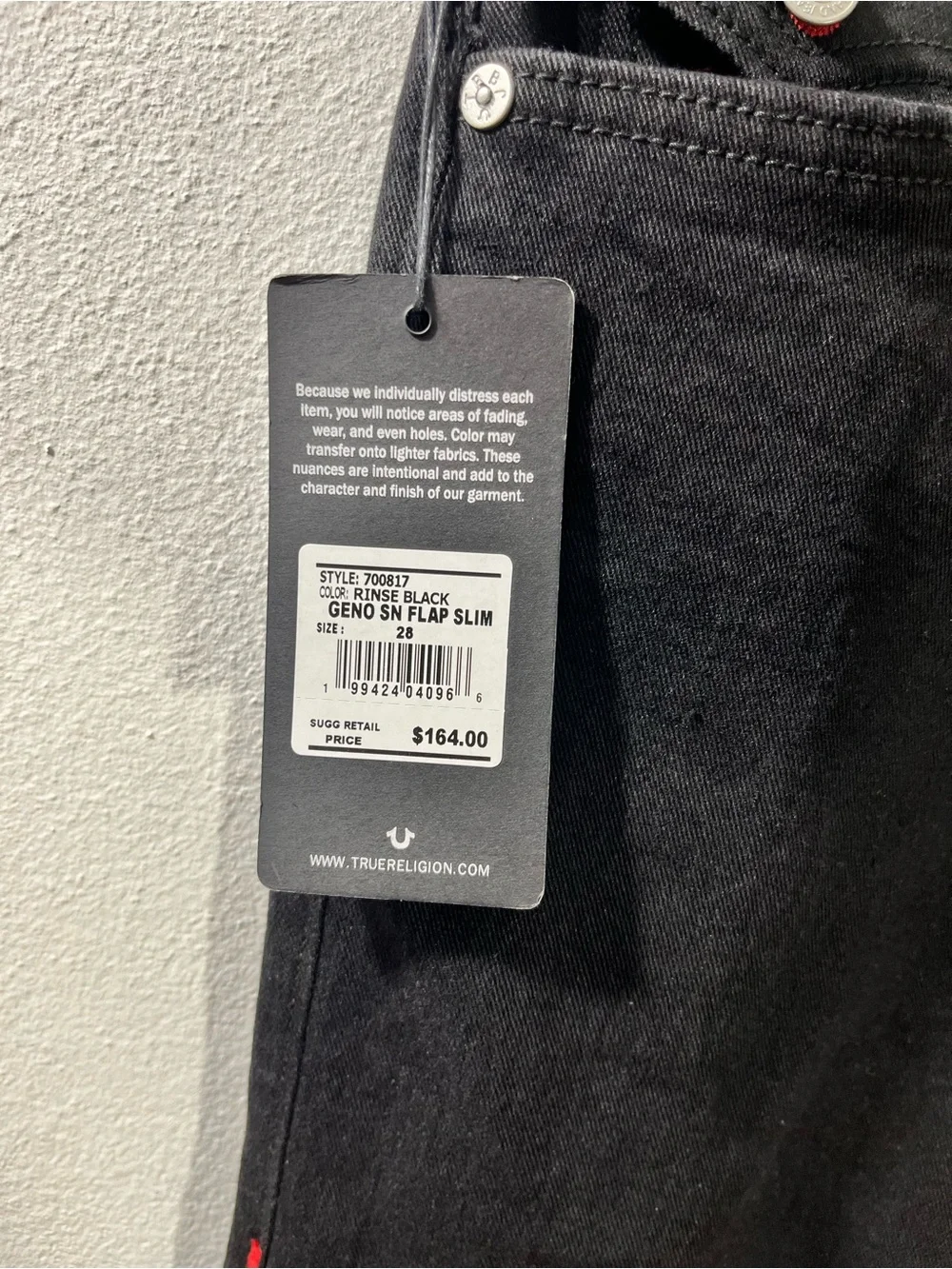 True Religion Geno Flap Relaxed Slim Jean Mens Size 28 x 32 Red Stitching New